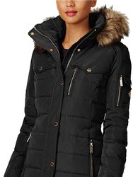 Faux Fur Trim Down Puffer Coat - Black