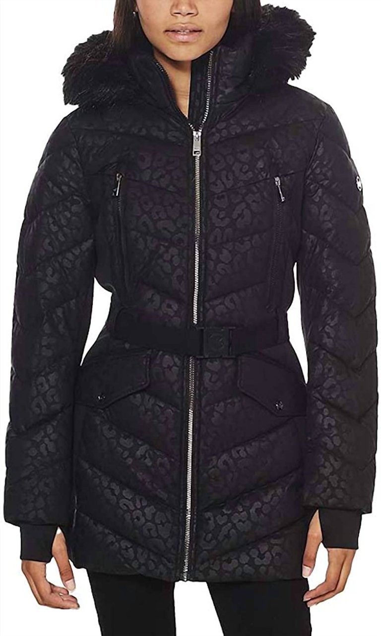 Logo Leopard Belted Hooded Down Puffer Coat In Black - Black