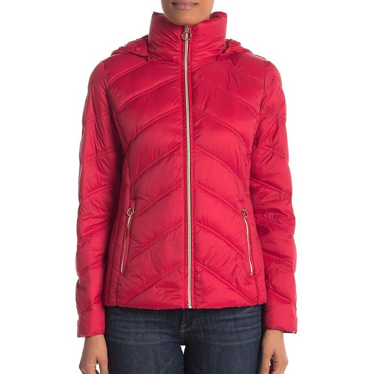 Red Chevron Hooded Down Quilted Packable Coat Jacket - Red chevron