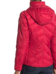 Red Chevron Hooded Down Quilted Packable Coat Jacket