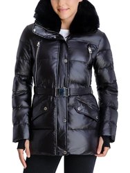 Shiny Down Belted Faux Fur Collar Quilted Coat Jacket - Black - Black