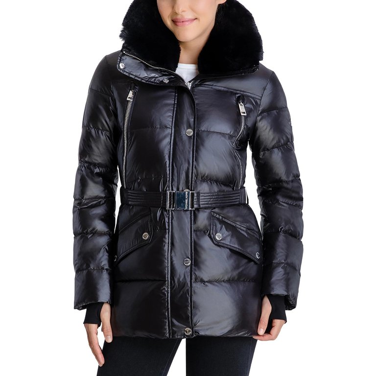 Shiny Down Belted Faux Fur Collar Quilted Coat Jacket - Black - Black