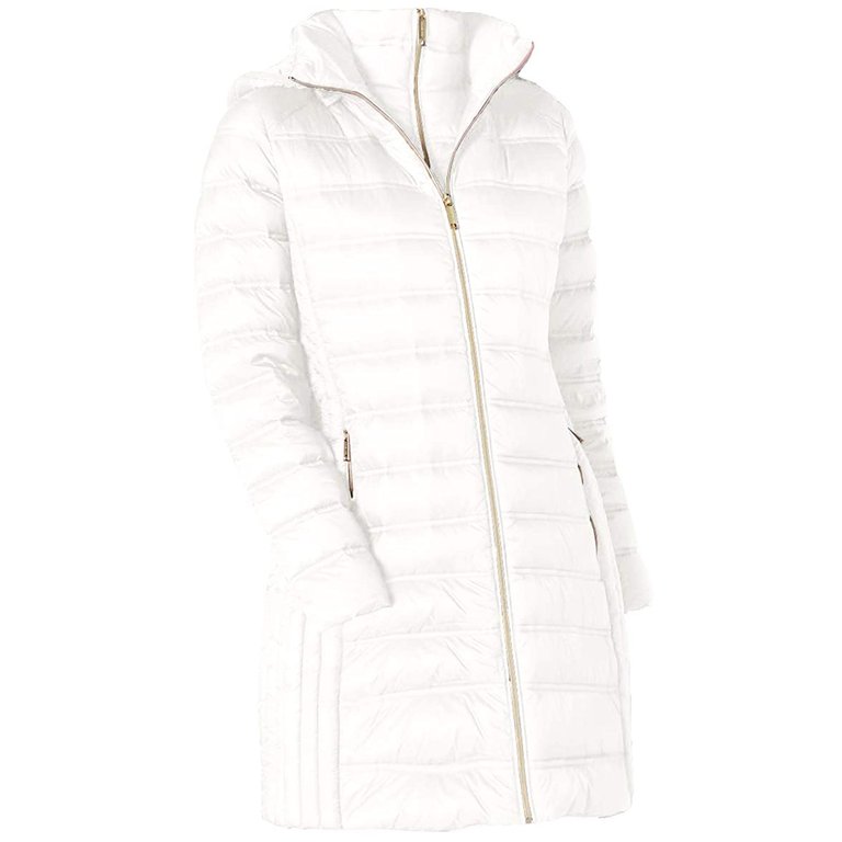 White Down Hooded Packable 3/4 Coat - White