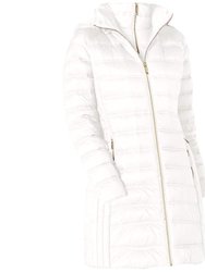 White Down Hooded Packable 3/4 Coat - White