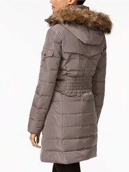 Women Flannel Down 3/4 Puffer Coat With Faux Fur and Hood