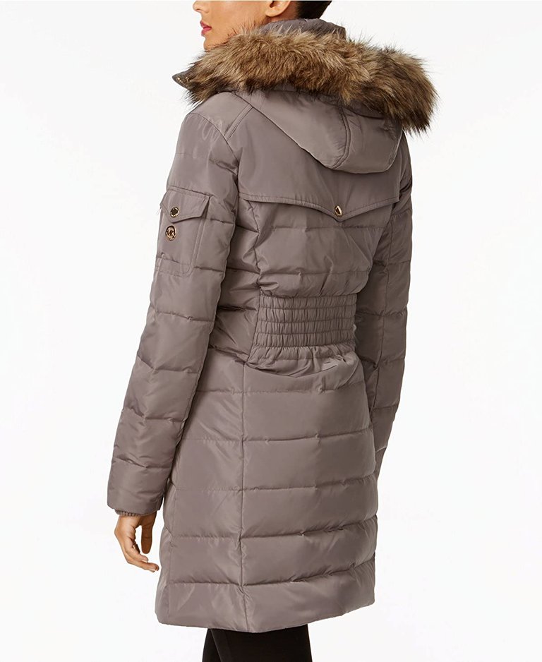 Women Flannel Down 3/4 Puffer Coat With Faux Fur and Hood