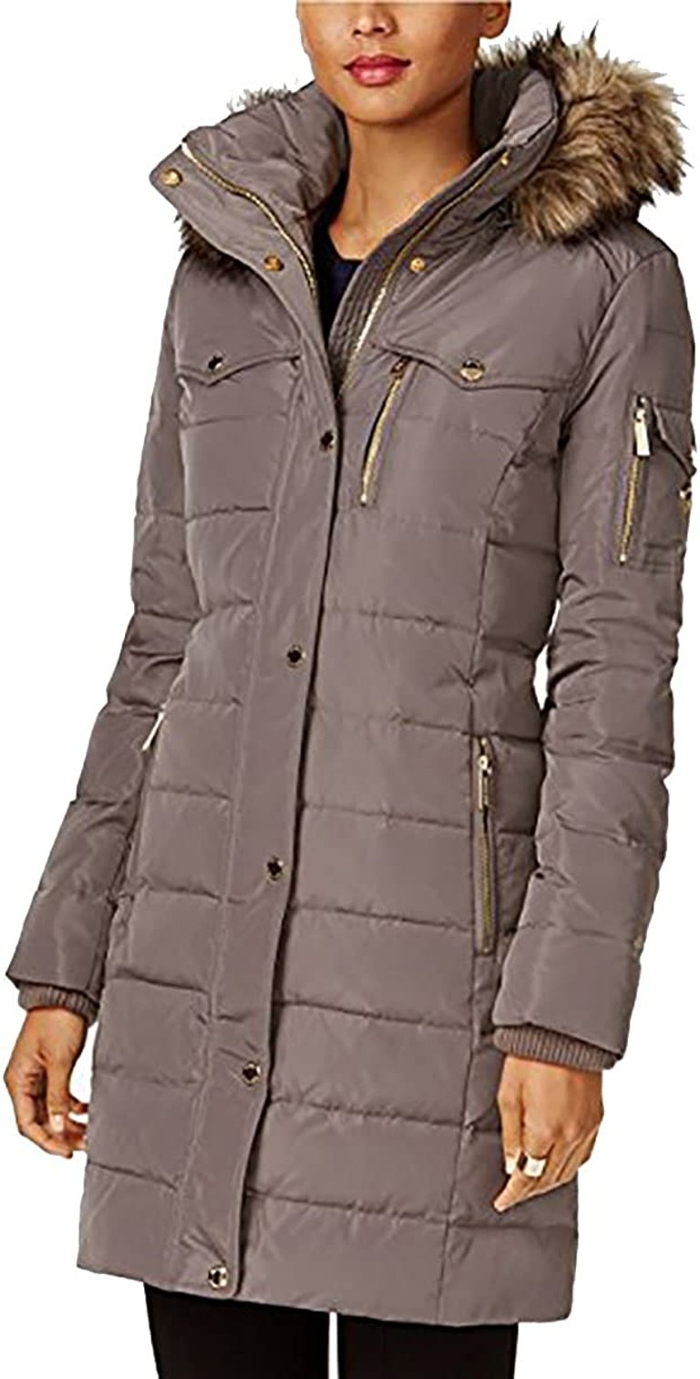 Women Flannel Down 3/4 Puffer Coat With Faux Fur and Hood - Gray