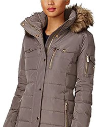 Women Flannel Down 3/4 Puffer Coat With Faux Fur and Hood - Gray