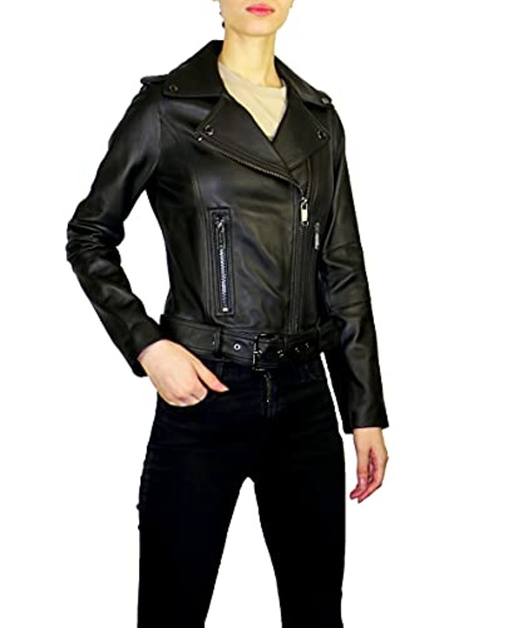 Women's Black Asymmetrical Zip Short Leather Jacket - Black