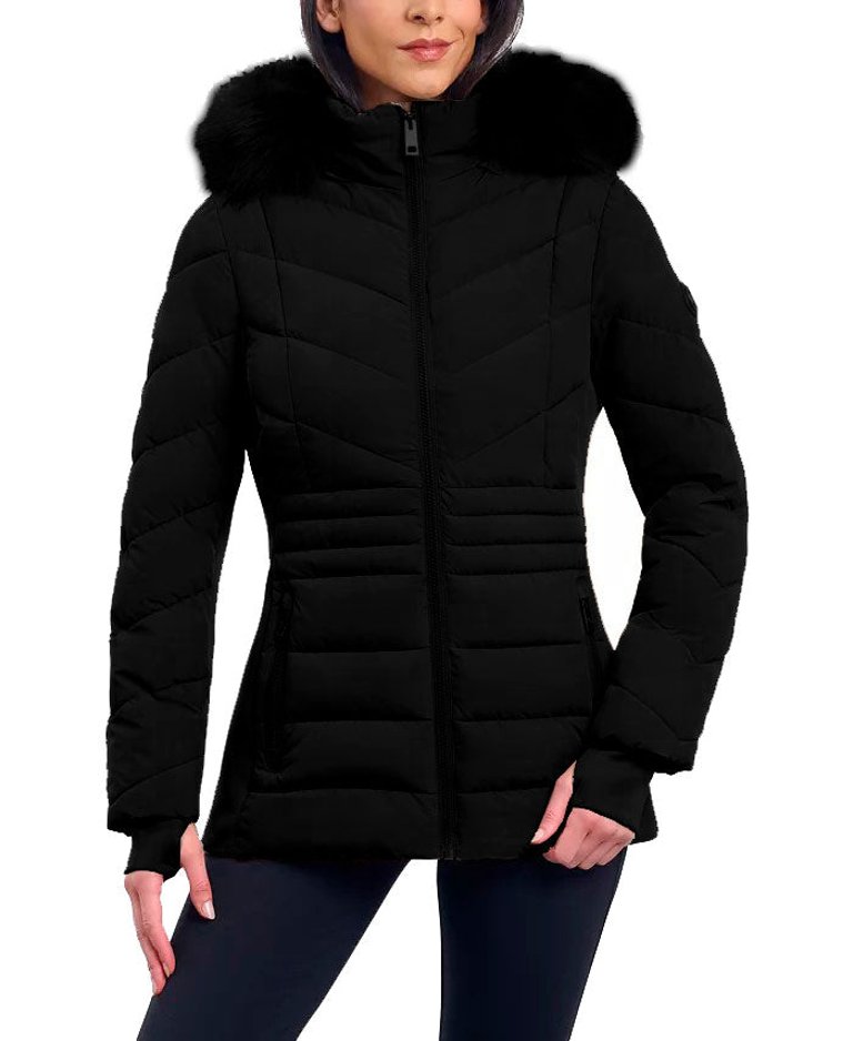 Women's Black Chevron Faux Fur Hooded Coat - Black