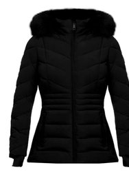 Women's Black Chevron Faux Fur Hooded Coat