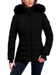 Women's Black Chevron Faux Fur Hooded Coat - Black