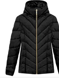Women's Black Chevron Quilted Short Packable Jacket Coat - Black