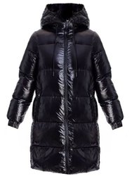 Women's Black Down Shiny Hooded Puffer Coat 3/4 Length With Insert Vest