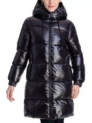 Women's Black Down Shiny Hooded Puffer Coat 3/4 Length With Insert Vest - Black