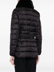 Women's Black Faux Fur Collar Belted Lightweight Down Puffer Coat