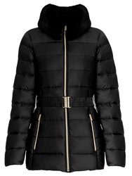 Women's Black Faux Fur Collar Belted Lightweight Down Puffer Coat - Black