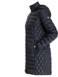 Women's Black Hooded Down Packable Jacket Coat With Removable Hood 3/4 Length Long - Black