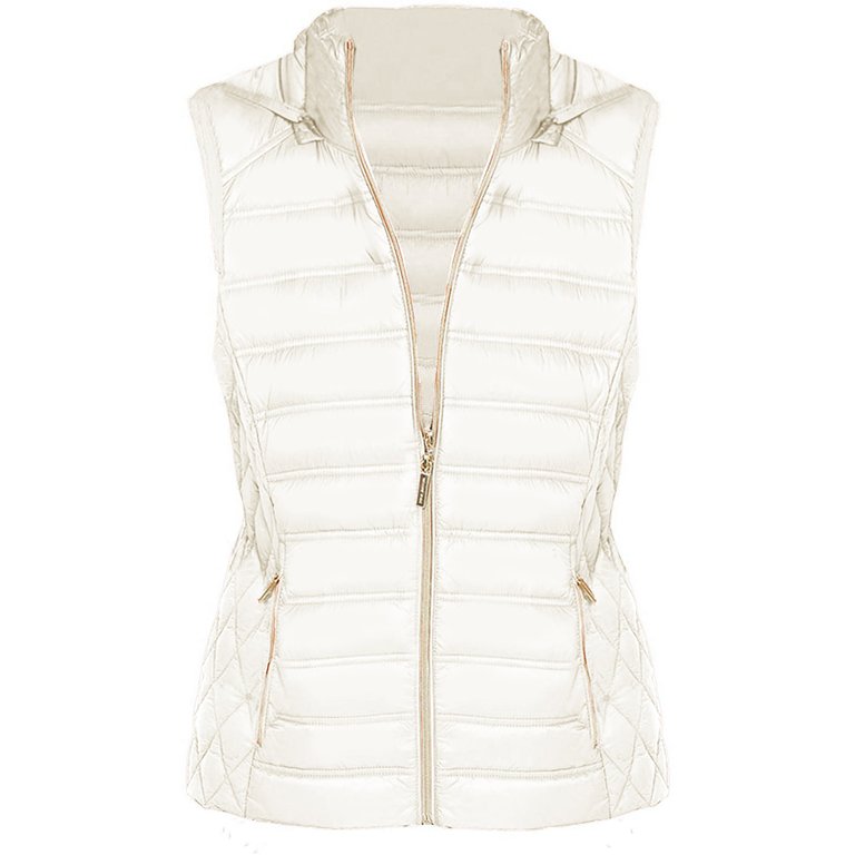 Women's Bone White Down Sleeveless Puffer Vest With Removable Hood