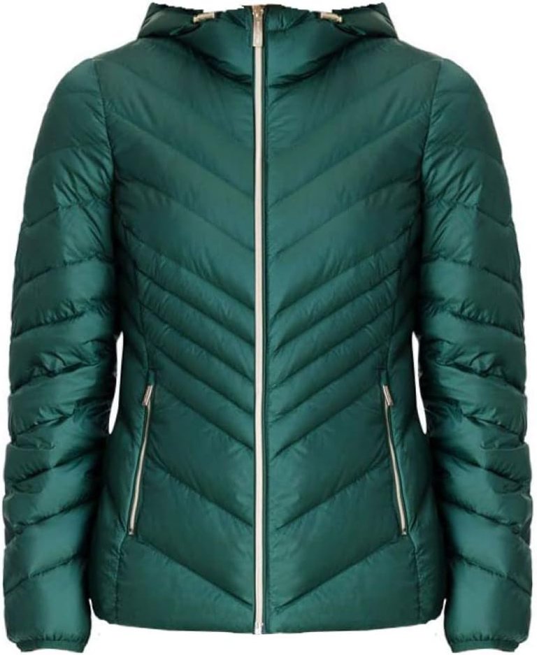 Women's Green Chevron Double Layer Zipper 3/4 Hooded Packable Coat