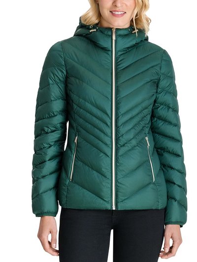 Michael Kors Women's Green Chevron Double Layer Zipper 3/4 Hooded Packable Coat product