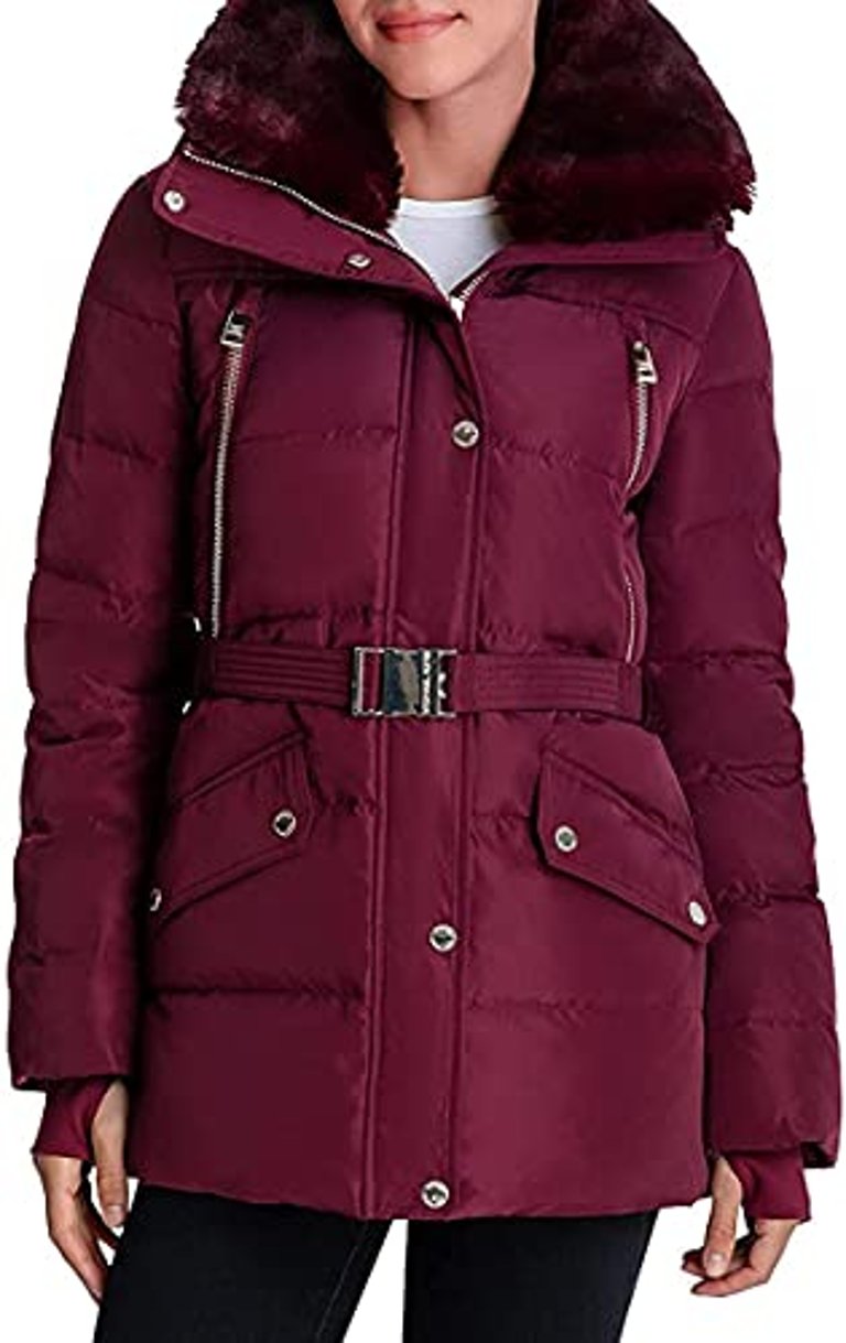 Women's Mid-length Down coat-Dark Ruby - Red