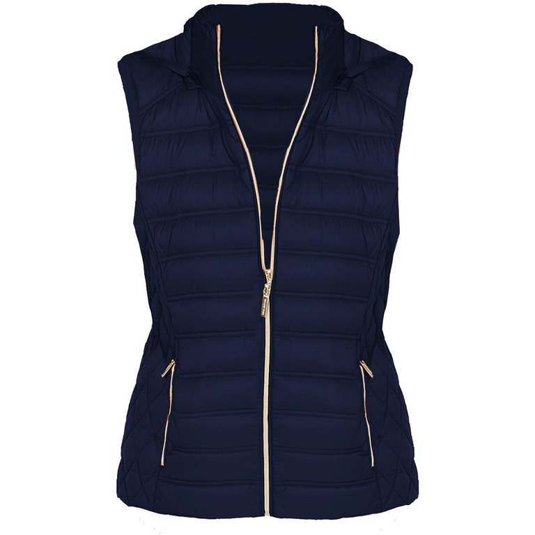 Women's Navy Blue Down Sleeveless Puffer Vest With Removable Hood - Blue