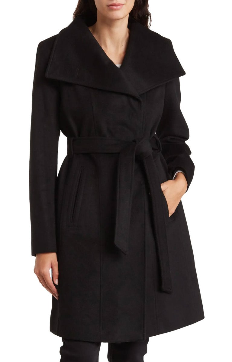 Wool Belted Wrap Solid Black Coat - Black