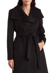Wool Belted Wrap Solid Black Coat - Black