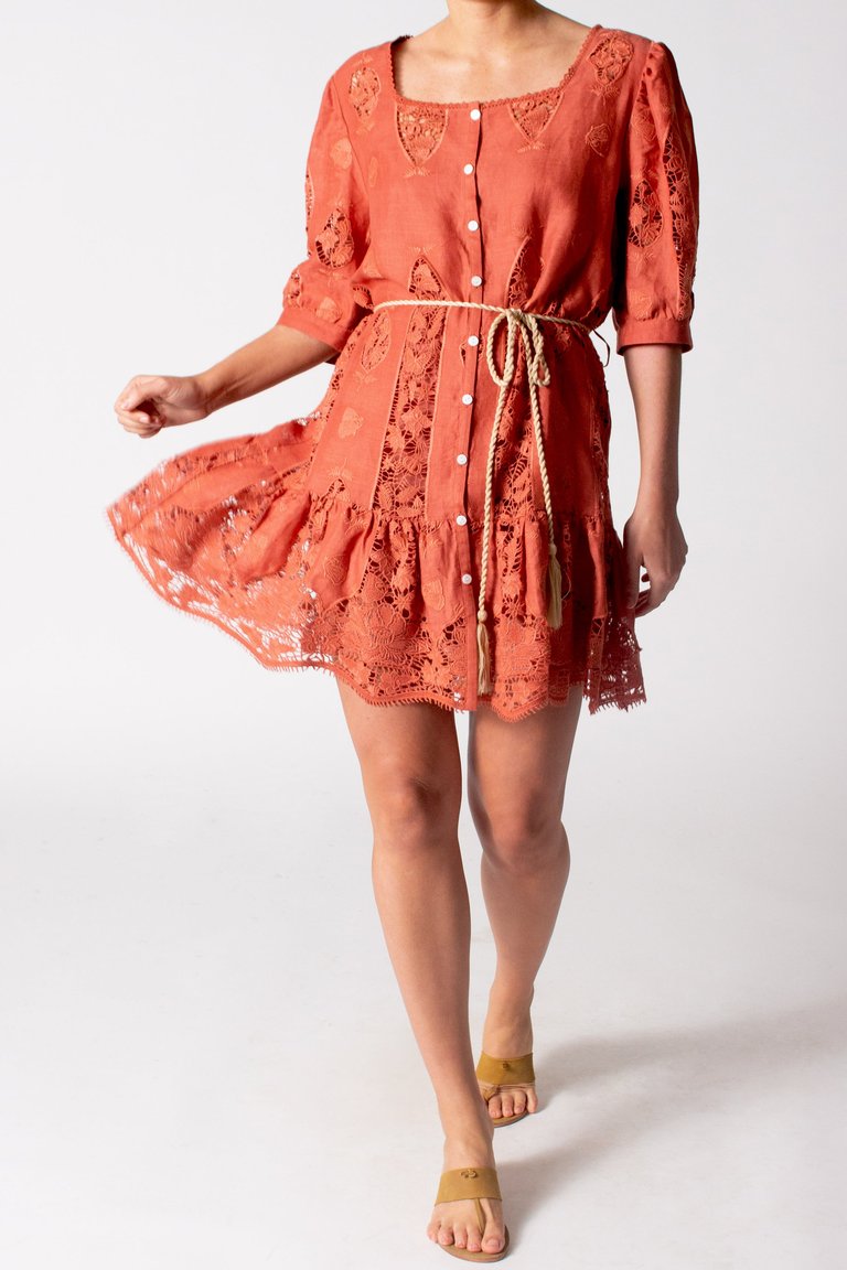 Dixie Lotus Embroidery Dress - Rust