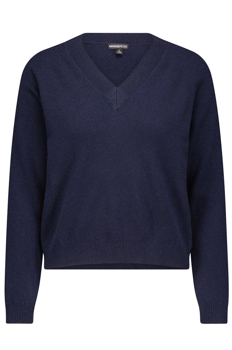 100% Cashmere Ls Shrunken V Neck - Navy