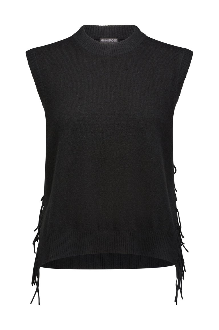 Cashmere Side Tie Vest With Fringe - Black