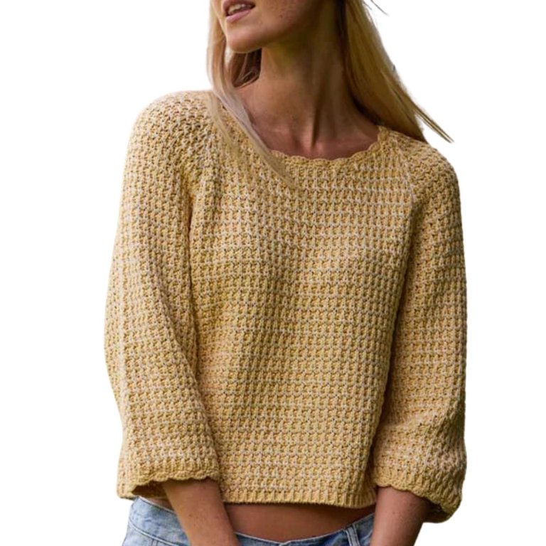 Chunky Tape Cotton Blend Textured Crew Pullover Sweater - Banana Yellow