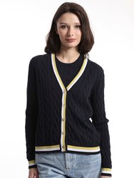 Cotton Cable Cardigan With Striped Detail - Navy