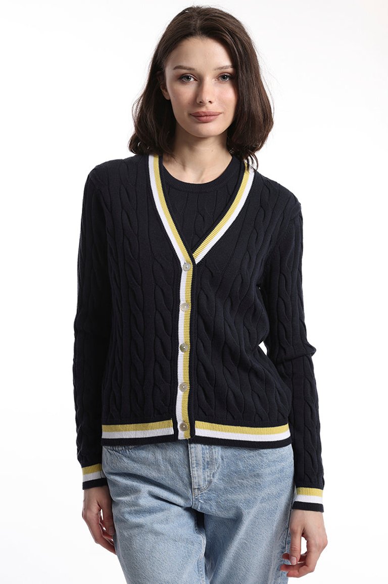 Cotton Cable Cardigan With Striped Detail - Navy