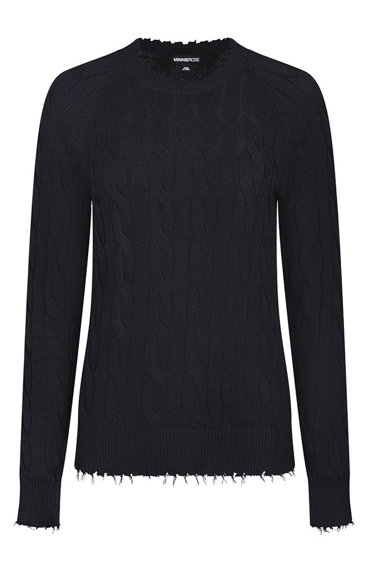 Cotton Cable Long Sleeve Crew With Frayed Edges Sweater - Black