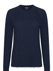 Cotton Cable Long Sleeve Crew With Frayed Edges Sweater - Navy