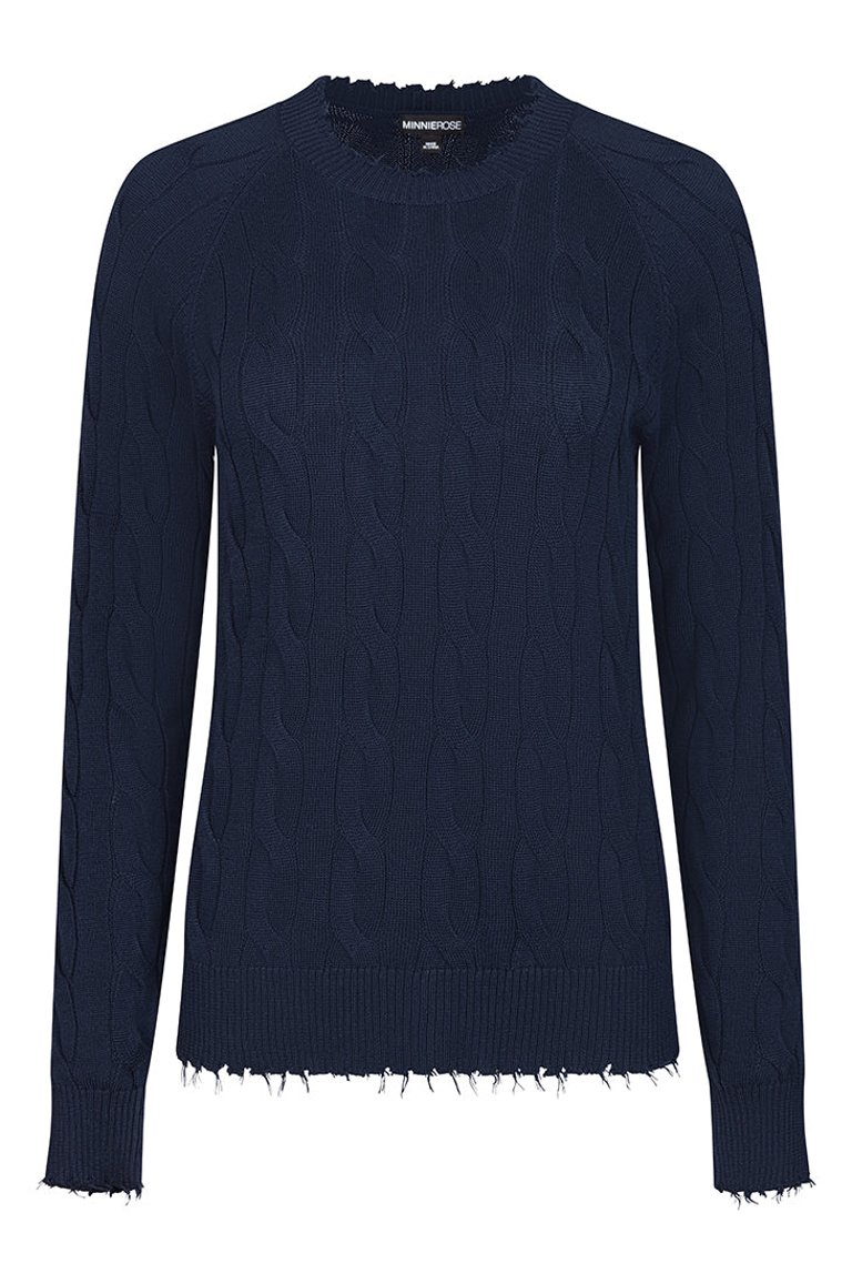 Cotton Cable Long Sleeve Crew With Frayed Edges Sweater - Navy