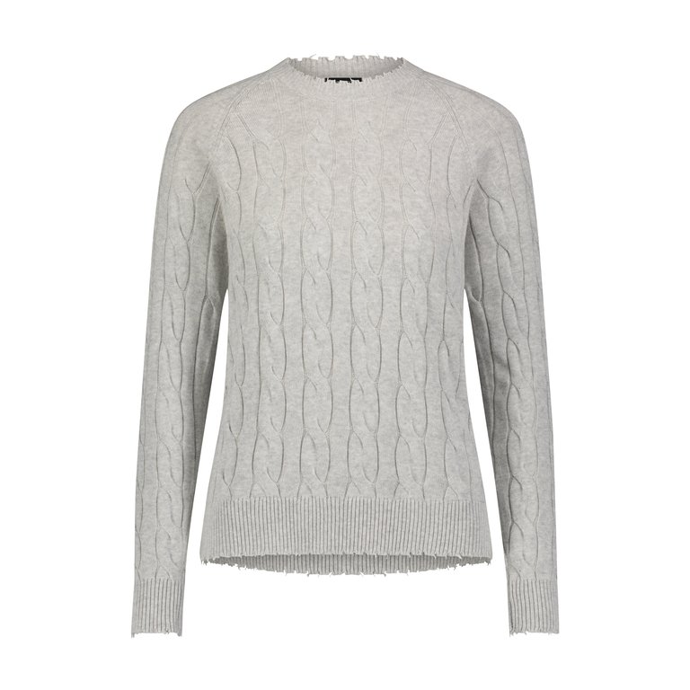 Cotton Cable Long Sleeve Crew With Frayed Edges Sweater - Light Heather Grey