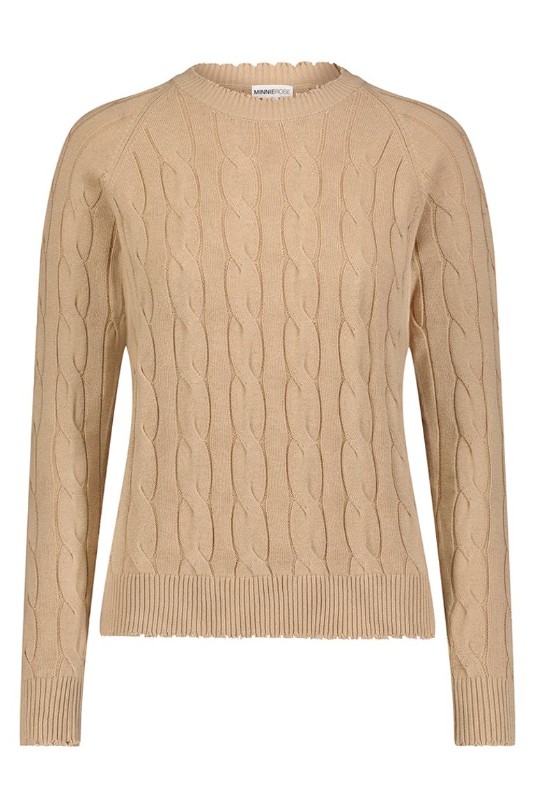 Cotton Cable Long Sleeve Crew With Frayed Edges Sweater - Brown Sugar
