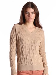 Cotton Cable Long Sleeve V-Neck With Frayed Edges Sweater - Brown Sugar