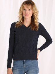 Cotton Cable Long Sleeve V-Neck With Frayed Edges Sweater - Navy