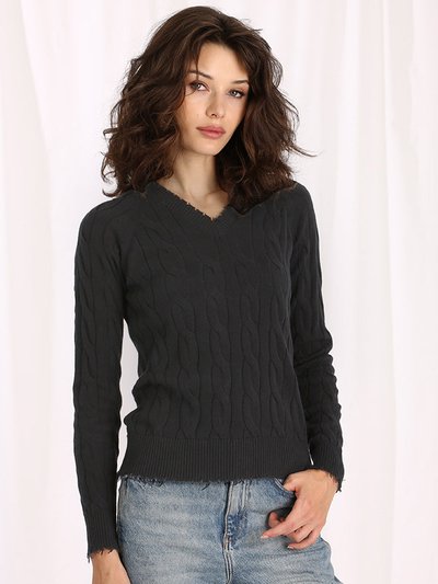 Minnie Rose Cotton Cable Long Sleeve V-Neck With Frayed Edges Sweater product