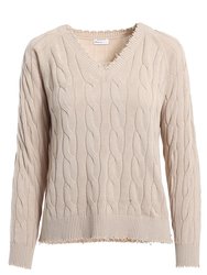 Cotton Cable Long Sleeve V-Neck With Frayed Edges Sweater - Brown Sugar