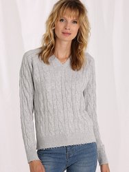 Cotton Cable Long Sleeve V-Neck With Frayed Edges Sweater - Light Heather Grey