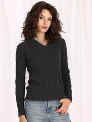 Cotton Cable Long Sleeve V-Neck With Frayed Edges - Black