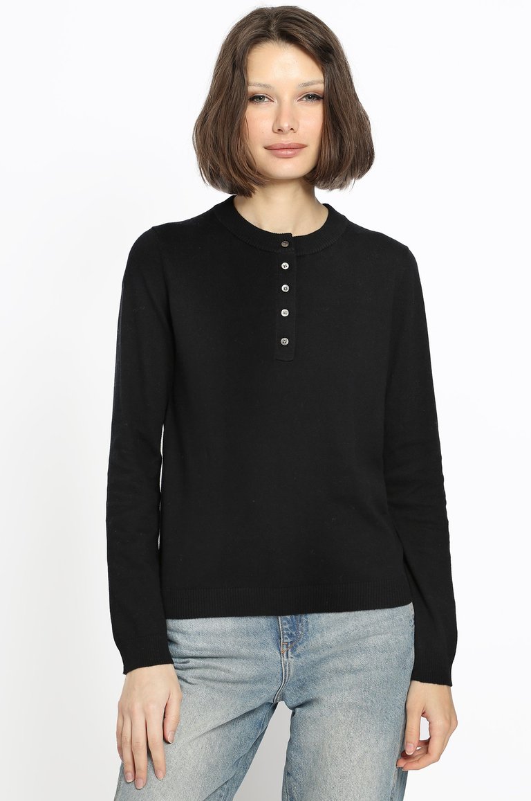 Cotton Cash Crew Neck Henley - Black