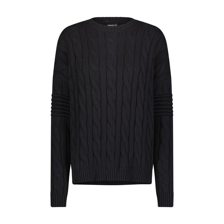 Cotton Cashmere Cable Crew With Ottoman Stripe Sleeve Sweater - Black