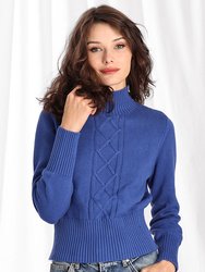 Cotton Cashmere Cable Turtleneck Sweater - Cosmic Blue