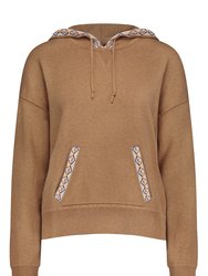 Cotton Cashmere Embroidered Fringe Hoodie - Camel